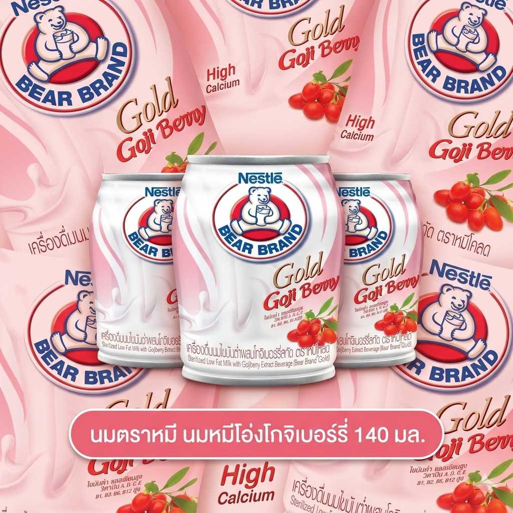 ตราหมี โกลด์ ผลิตภัณฑ์นมสเตอริไลส์ไขมันต่ำผสมอะเซโรล่าเชอร์รี่  140 มล.
