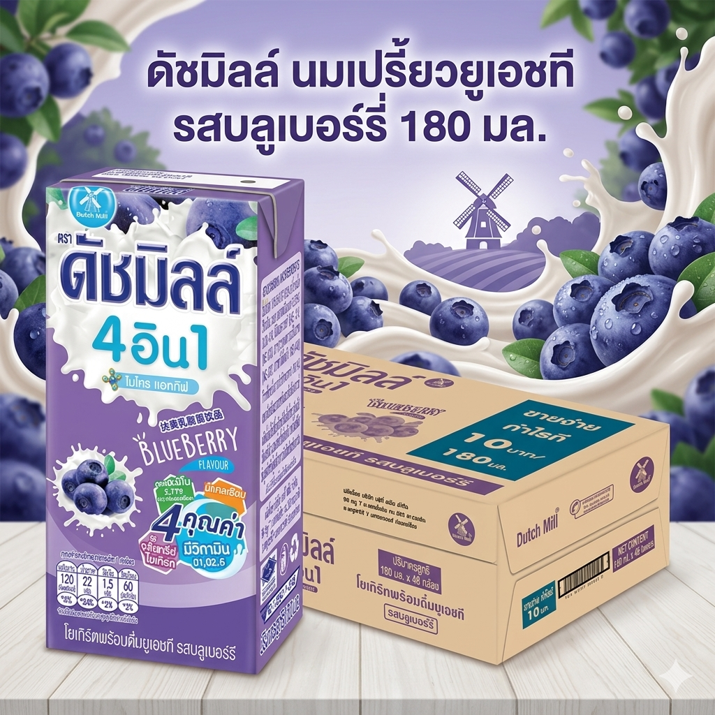 ดัชมิลล์ นมเปรี้ยวยูเอชที รสบลูเบอร์รี่  180 มล.
