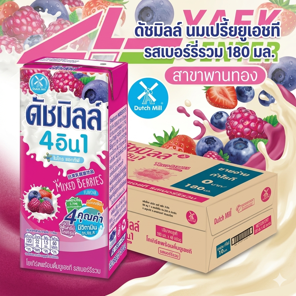 ดัชมิลล์ นมเปรี้ยวยูเอชที รสเบอร์รี่รวม 180 มล.